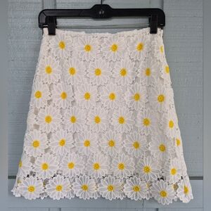 Miami Crocheted Daisy Lace Mini Skirt in White and Yellow Small Lined Coquette
